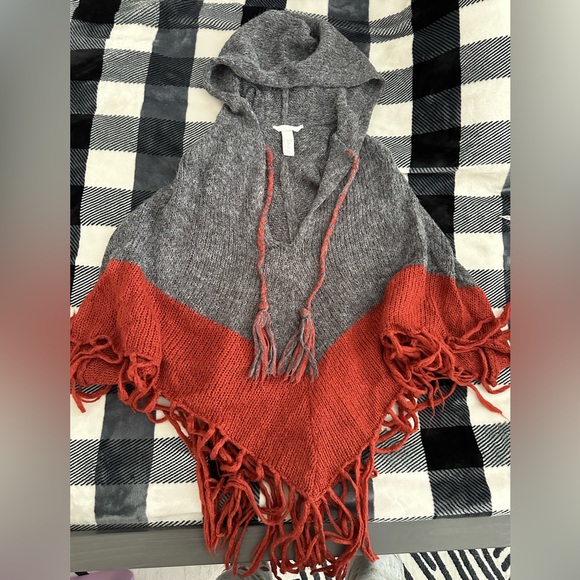 H&M Sweaters - H&M Charcoal and Rust Orange Hooded Poncho